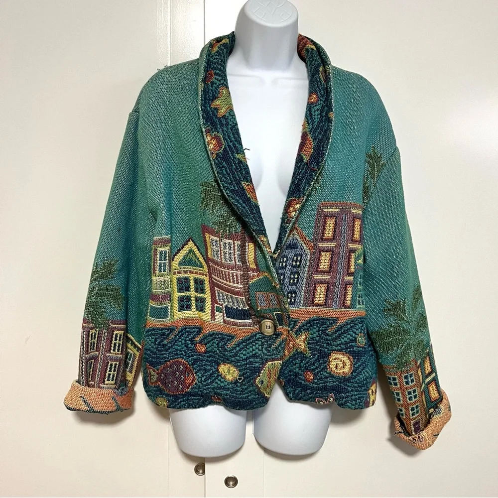 Vintage Sugar Street Weavers Tapestry Cardigan Cottage Water Size Large 100% - Picture 2 of 9
